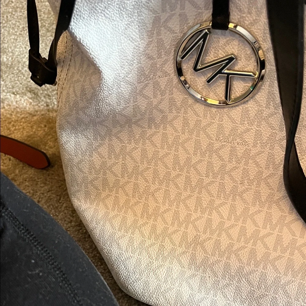 Michael Kors White and Black Signature Stripe Tote with Gray Accents